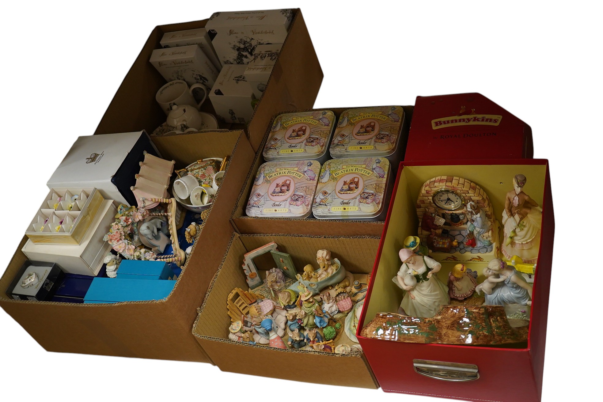 A collection of mixed Beswick, Border, V&A and Coalport Bunnykins, Alice in Wonderland china. (5 boxes)